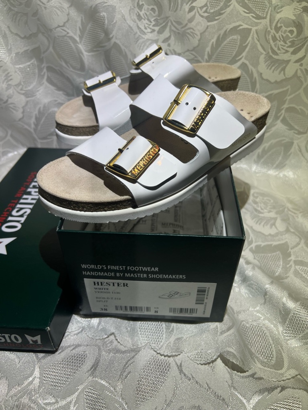 Mephisto White Double-Buckle Slide Sandals with Gold Hardware